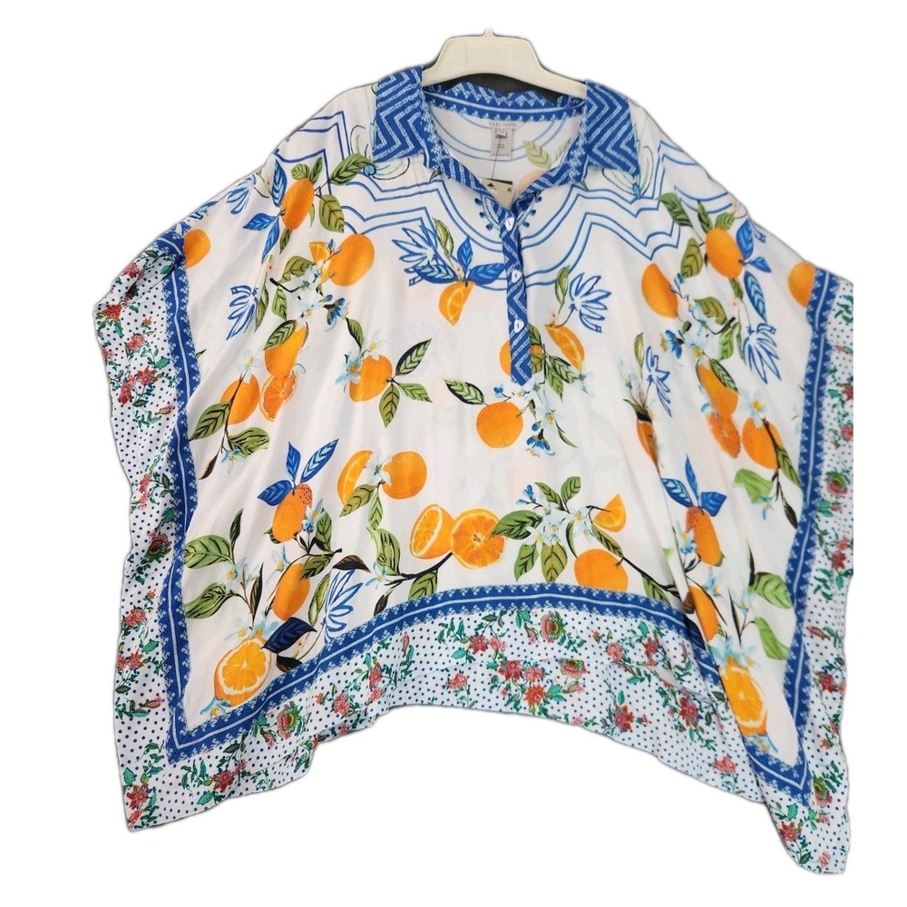 John Mark Sz 2X/3X Kimono Boxy Orange Fruit Floral Resort Cruise 3/4 Sleeves NWT